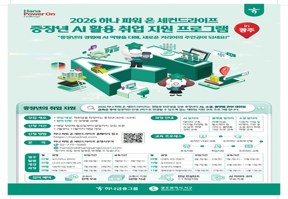 당신의 경험을 디지털 경쟁력으로 바꾸는 시간신중년 AI 디지털 일자리센터와 하나금융이 함께하는「하나 파워 온 세컨드 라이프 교육」 참여자를 모집합니다. AI·디지털, 플랫폼, 소셜 분야 재취업을 준비해 보세요.교육비 무료, 교통비 지원, 취업 연계까지!자세한 내용은 포스터를 확인해 주세요.√ 신청 안내 • 참여대상: 재취업 희망하는 40~64세 신중년(중장년) • 모집인원: 과정별 20명 • 교육장소: 서구 화정로 314(농성파출소 옆) 신중년 AI 디지털 일자리센터 • 신청방법: https://hana2nd.com(세컨드라이프 홈페이지 접수), 포스터 QR신청• 신청기간: AI 이커먼스관리자/시니어 인지케어 매니저 과정 6.30(화)까지 마감    * 그 외 6개 과정은 포스터 내 과정별 신청 기간 내 신청  • 신청문의: 02-775-5060 세컨드라이프 교육 운영 사무국 / 062-360-7679√ 참여 혜택• 교육비 전액 무료• 참여자교통비 지원(5만원)• 분야별 직무 이해와 실무 역량 강화를 위한 체계적인 교육• 전담 컨설턴트 및 AI 커리어코치 연계• 교육 후 후속지원 및 취업지원 제공# 관심 있는 분들은 해당 과정 마감 전에 서둘러 신청해 주세요. ^^